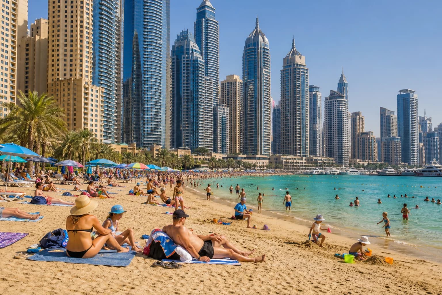 Пляж JBR в Дубае: золотой песок, море и небоскрёбы Марины за пляжем