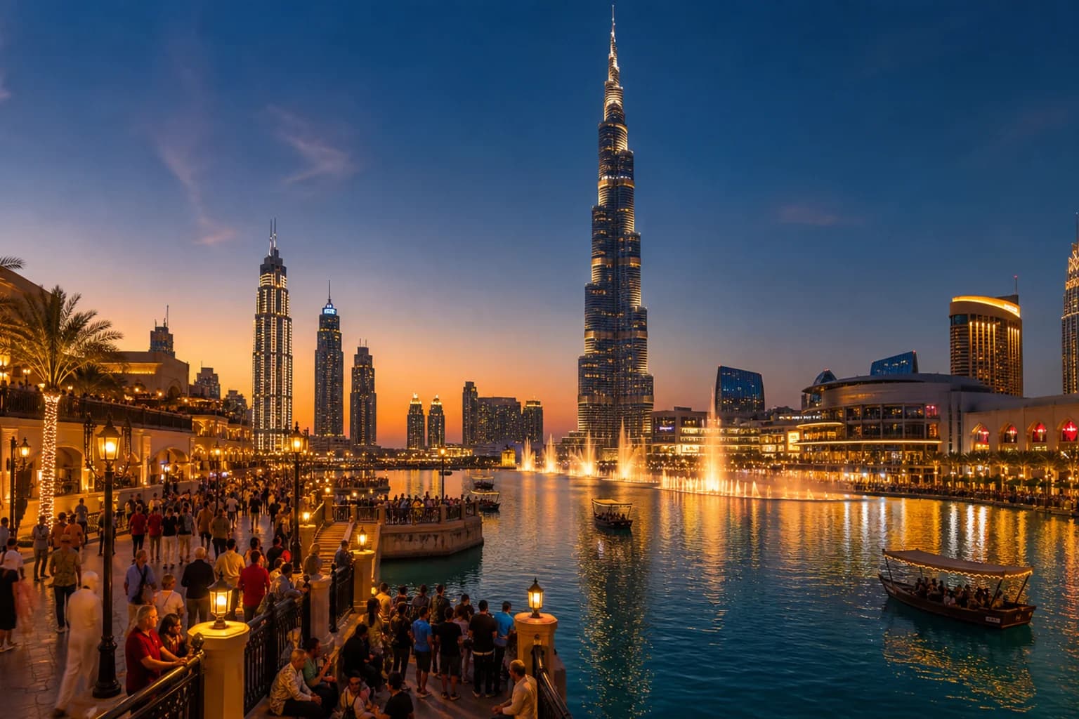 Даунтаун Дубая вечером: Бурдж-Халифа, поющие фонтаны и Dubai Mall
