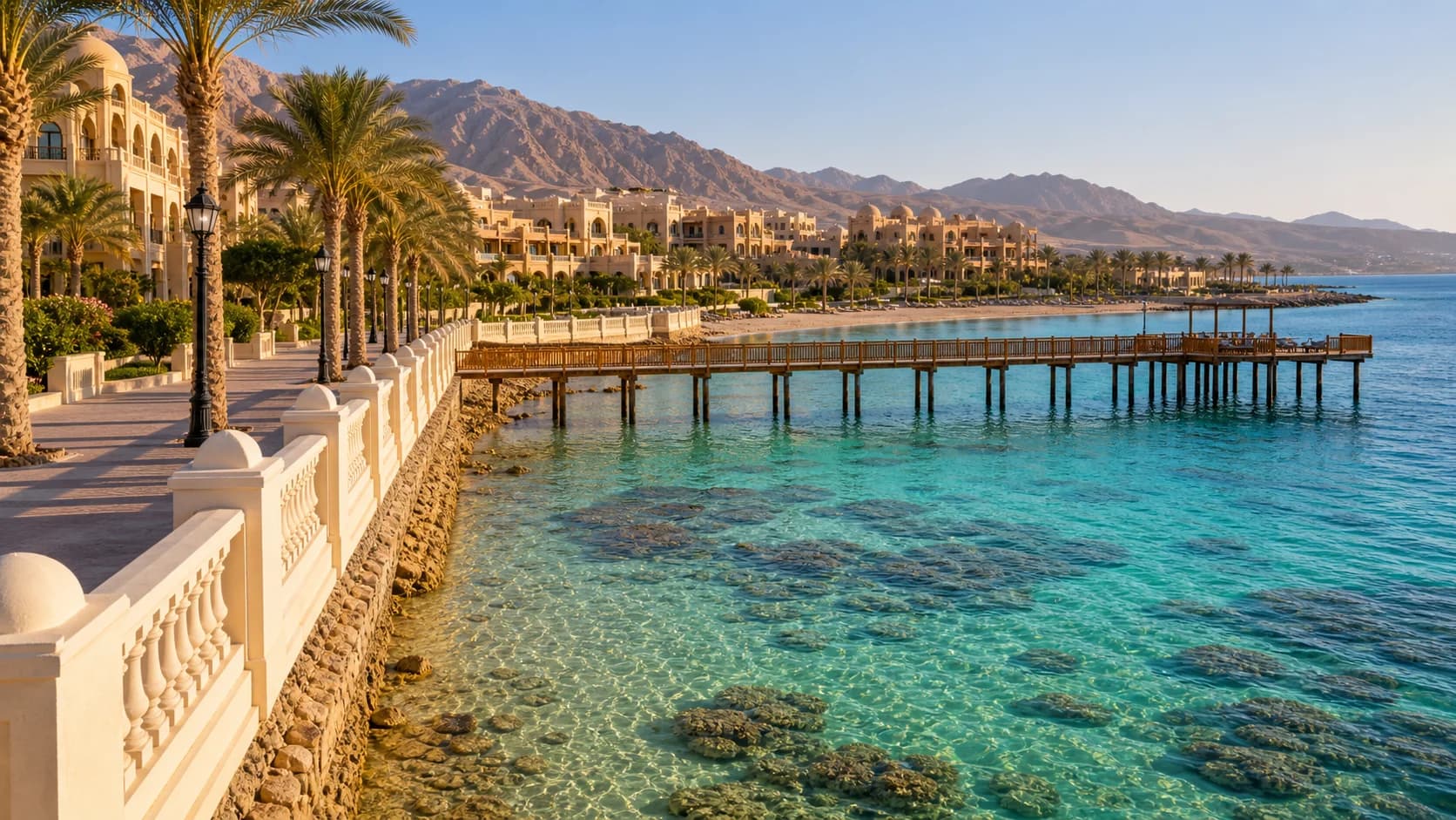 Сахл-Хашиш у Хургады: длинная набережная с пальмами и пирс над прозрачной водой Красного моря, сквозь которую видны коралловые пятна на дне