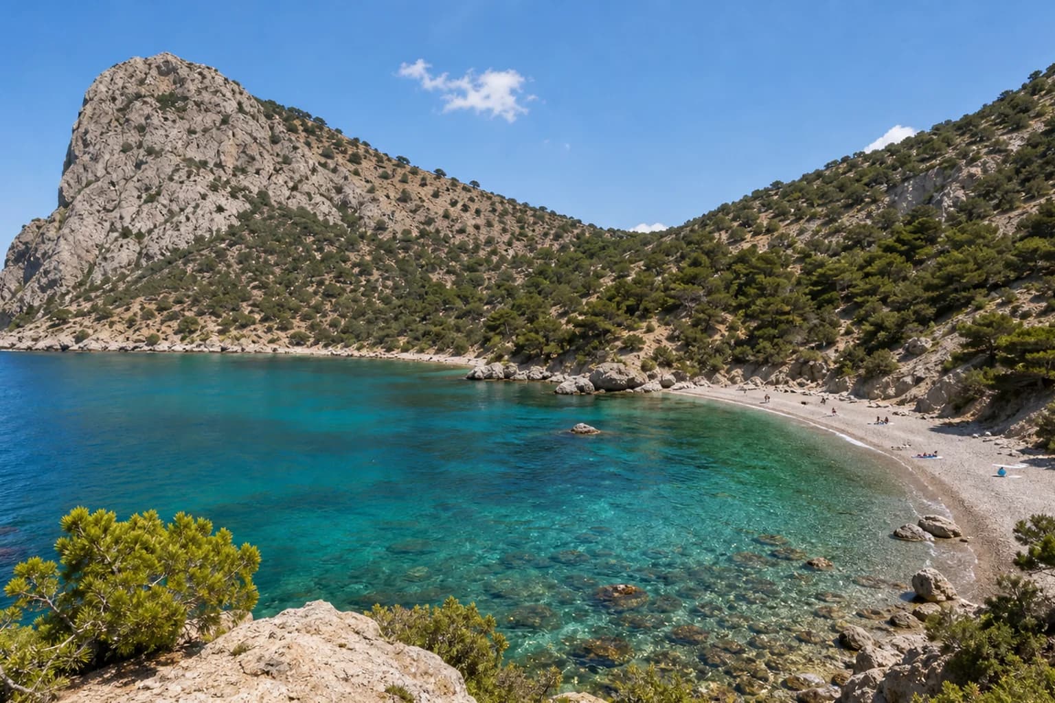 Зелёная бухта Нового Света: компактный пляж среди гор, гора Сокол, можжевельники и бирюзовая вода