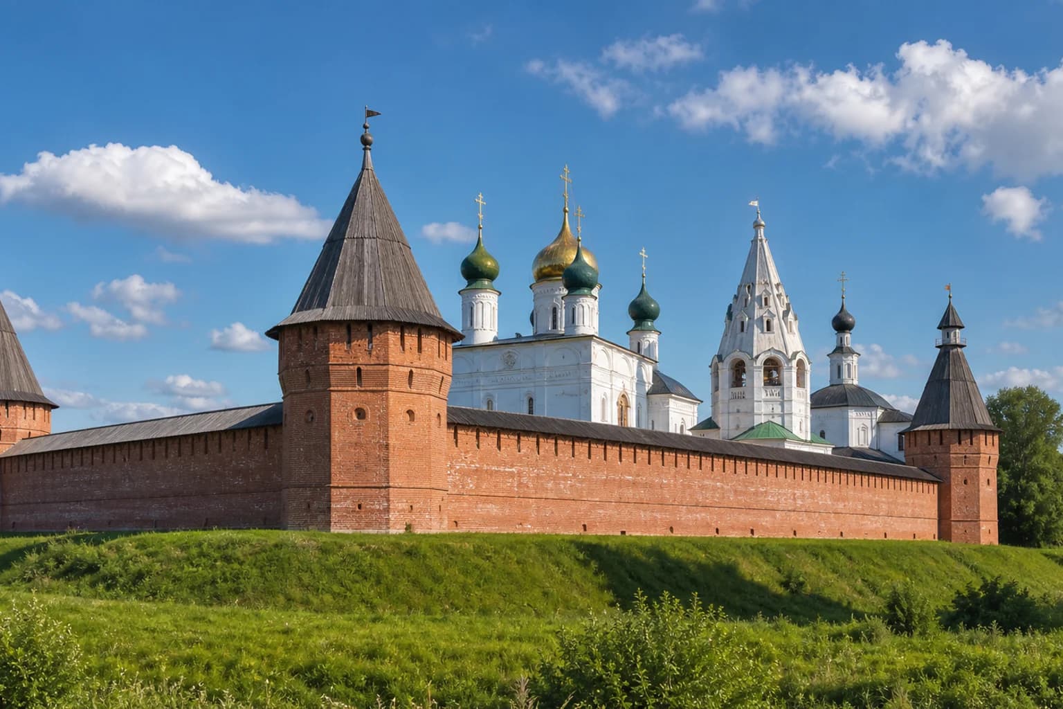 Крепостные стены и башни монастыря в Суздале с белыми церквями
