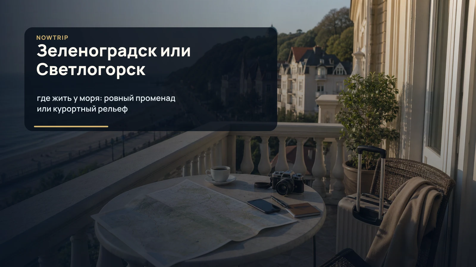 Зеленоградск или Светлогорск: карта, чемодан, отельный балкон и Балтийское море